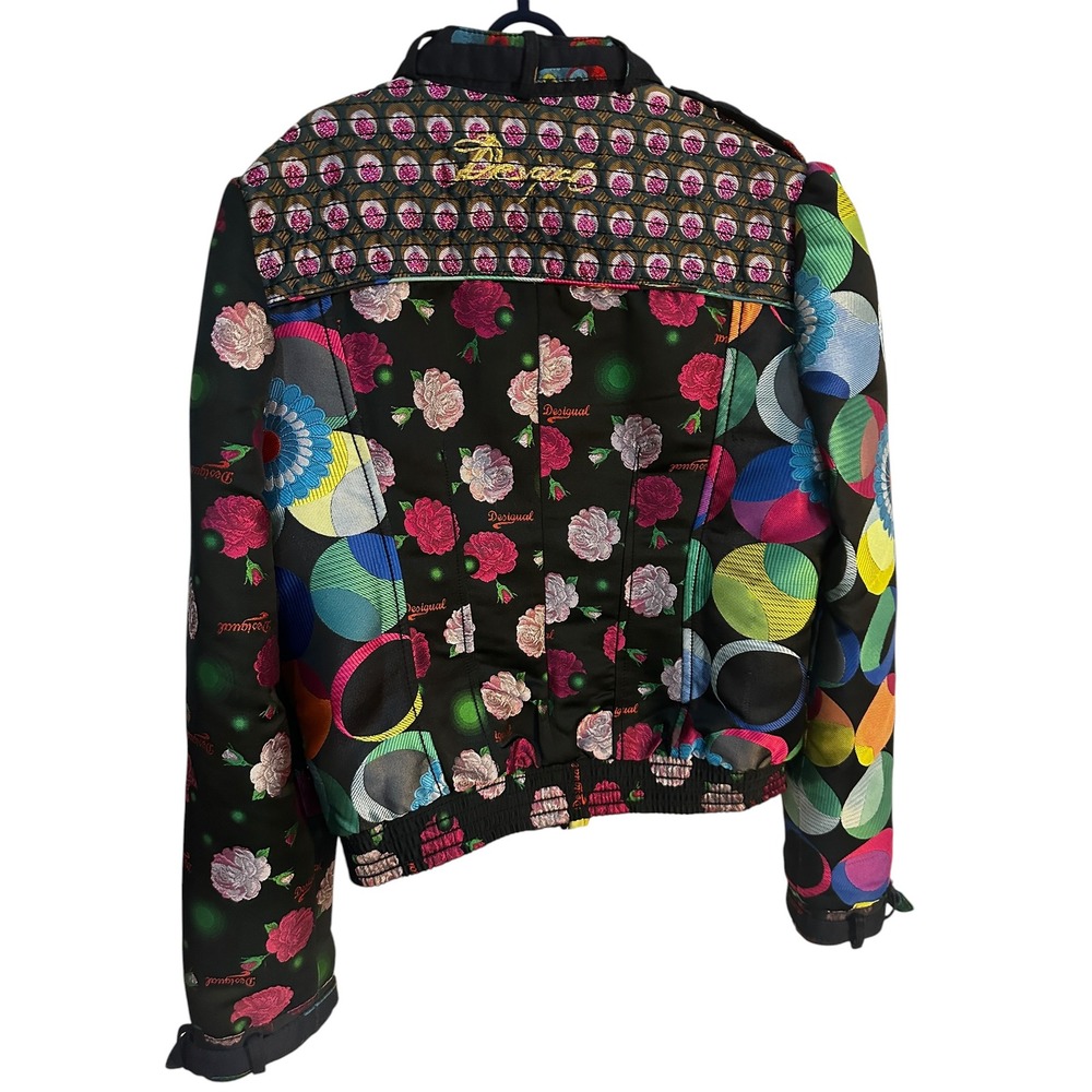 Desigual Jacket W. 40 Black Multi Color Floral Embroidered Moto Bomber Full Zip - Picture 10 of 13